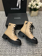 CHANEL SHORT BOOTS  BEIGE CREAM MIX BLACK SUEDE LAMBSKIN
