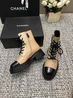 CHANEL SHORT BOOTS  BEIGE CREAM MIX BLACK SUEDE LAMBSKIN