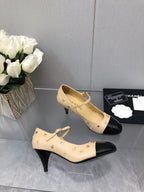 CHANEL MARY JANE BEIGE CREAM MIX BLACK LAMBSKIN ATTACH METAL
