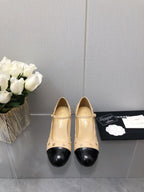 CHANEL MARY JANE BEIGE CREAM MIX BLACK LAMBSKIN ATTACH METAL