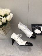 CHANEL MARY JANE WHITE MIX BLACK LAMBSKIN ATTACH METAL