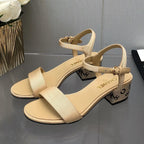 CHANEL BLOCK HEEL WITH CRYSTAL 5 CM SANDAL IN SAND BROWN FABRIC