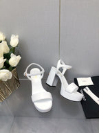 CHANEL BLOCK HEEL 9 CM SANDAL IN WHITE LAMBSKIN