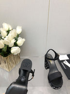 CHANEL BLOCK HEEL WITH CRYSTAL 9 CM SANDAL IN BLACK FABRIC