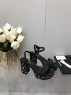 CHANEL BLOCK HEEL WITH CRYSTAL 9 CM SANDAL IN BLACK FABRIC