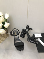 CHANEL BLOCK HEEL WITH CRYSTAL 9 CM SANDAL IN BLACK FABRIC
