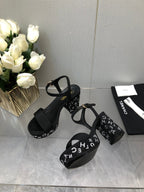 CHANEL BLOCK HEEL WITH CRYSTAL 9 CM SANDAL IN BLACK FABRIC