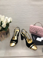 CHANEL HIGH SLINGBACKS IN BLACK SUEDE AND GOLDEN LAMBSKIN