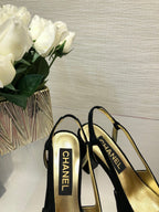 CHANEL HIGH SLINGBACKS IN BLACK SUEDE AND GOLDEN LAMBSKIN