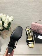 CHANEL HIGH SLINGBACKS IN BLACK SUEDE AND GOLDEN LAMBSKIN