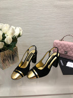 CHANEL HIGH SLINGBACKS IN BLACK SUEDE AND GOLDEN LAMBSKIN
