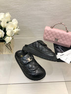 CHANEL TURNLOCK FLAP MULES BLACK LAMBSKIN