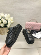 CHANEL TURNLOCK FLAP MULES BLACK LAMBSKIN