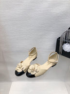 CHANEL BEIGE MIX BLACK LAMBSKIN CAMELLIA HOLLOW SANDAL