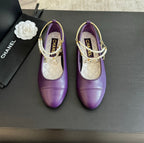 CHANEL Double Strap Chunky Heel Mary Jane Shoes Violet Purple