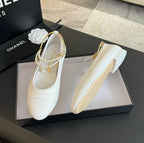 CHANEL Double Strap Chunky Heel Mary Jane Shoes White