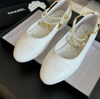 CHANEL Double Strap Chunky Heel Mary Jane Shoes White