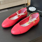 CHANEL Double Strap Chunky Heel Mary Jane Shoes Red Pink