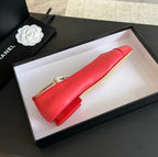 CHANEL Double Strap Chunky Heel Mary Jane Shoes Red Pink