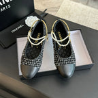 CHANEL Double Strap Chunky Heel Mary Jane Shoes Black/White Caro