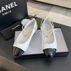 CHANEL Double Strap Chunky Heel Mary Jane Shoes White Black