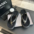 CHANEL Thick-soled Flip-Flops Lambskin Black