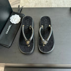 CHANEL Thick-soled Flip-Flops Lambskin Black