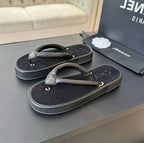CHANEL Thick-soled Flip-Flops Lambskin Black