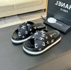 CHANEL Cross Straps Mule Sandals Lambskin Black