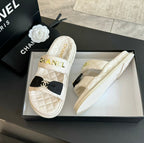 CHANEL Mule Sandals Lambskin White Black