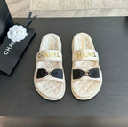 CHANEL Mule Sandals Lambskin White Black