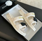 CHANEL Mule Sandals Lambskin White Black
