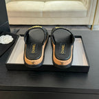 CHANEL Double C Wood Grain Platform Slippers Black Wool