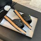 CHANEL Double C Wood Grain Platform Slippers Black Wool