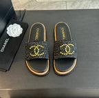 CHANEL Double C Wood Grain Platform Slippers Black Wool