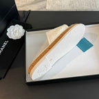 CHANEL Double C Wood Grain Platform Slippers White Wool