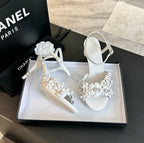 CHANEL Little Camellia World Thin High Sandals White Lambskin