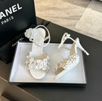 CHANEL Little Camellia World Thin High Sandals White Lambskin