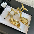 CHANEL Little Camellia World Thin High Sandals Gold Lambskin