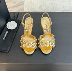 CHANEL Little Camellia World Thin High Sandals Gold Lambskin