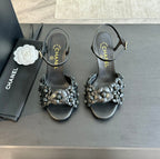 CHANEL Little Camellia World Thin High Sandals Black Lambskin