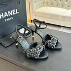 CHANEL Little Camellia World Thin High Sandals Black Lambskin