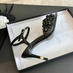 CHANEL Little Camellia World Thin High Sandals Black Lambskin