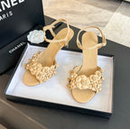 CHANEL Little Camellia World Thin High Sandals Tan Brown Lambskin