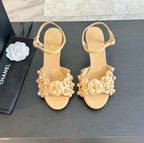 CHANEL Little Camellia World Thin High Sandals Tan Brown Lambskin