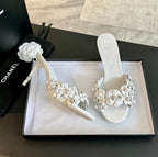 CHANEL Little Camellia World Thin High Heels White Lambskin