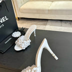 CHANEL Little Camellia World Thin High Heels White Lambskin