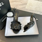 CHANEL Little Camellia World Thin High Heels Black Lambskin