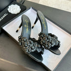 CHANEL Little Camellia World Thin High Heels Black Lambskin