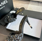 CHANEL Little Camellia World Thin High Heels Black Lambskin